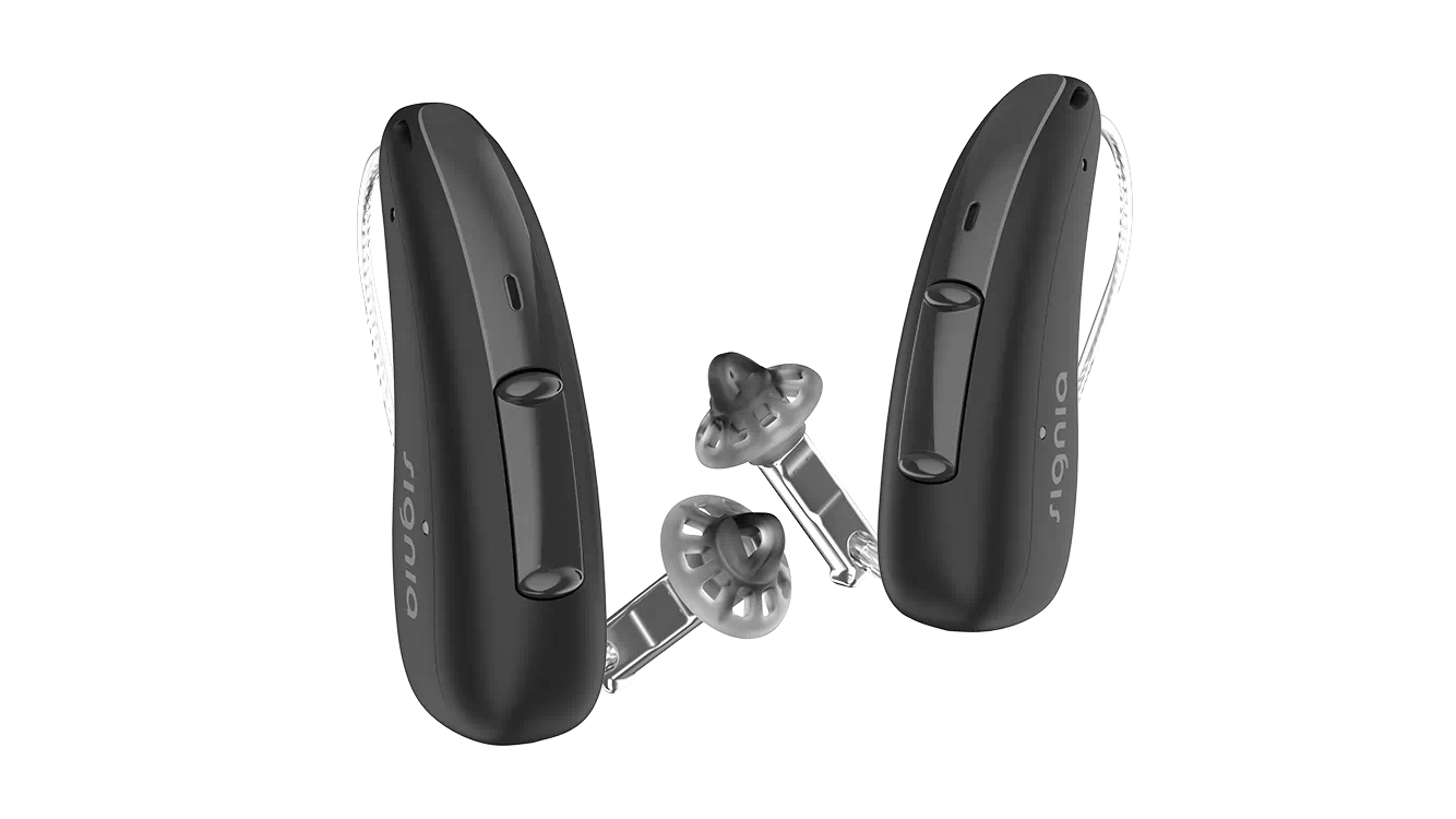 Signia Pure Charge&Go AX pair in a black colour.