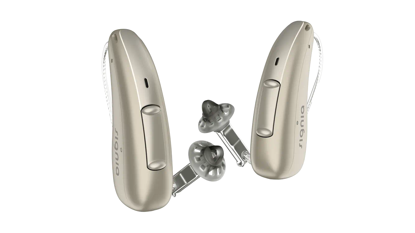 Signia Pure Charge&Go AX pair in a fine gold colour.