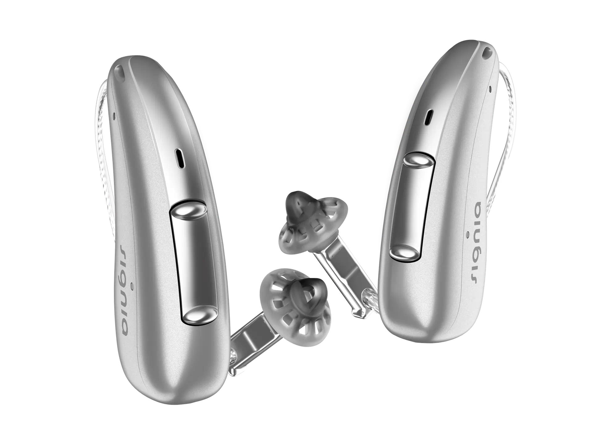Signia Pure Charge&Go T AX pair in a silver colour.